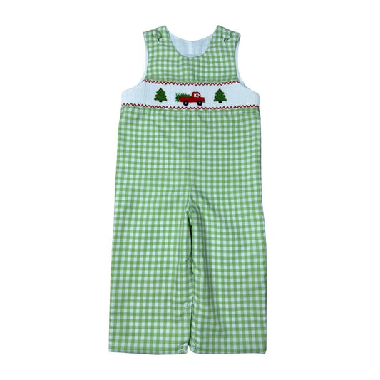 Smocked Green Check Christmas Truck Jon Jon
