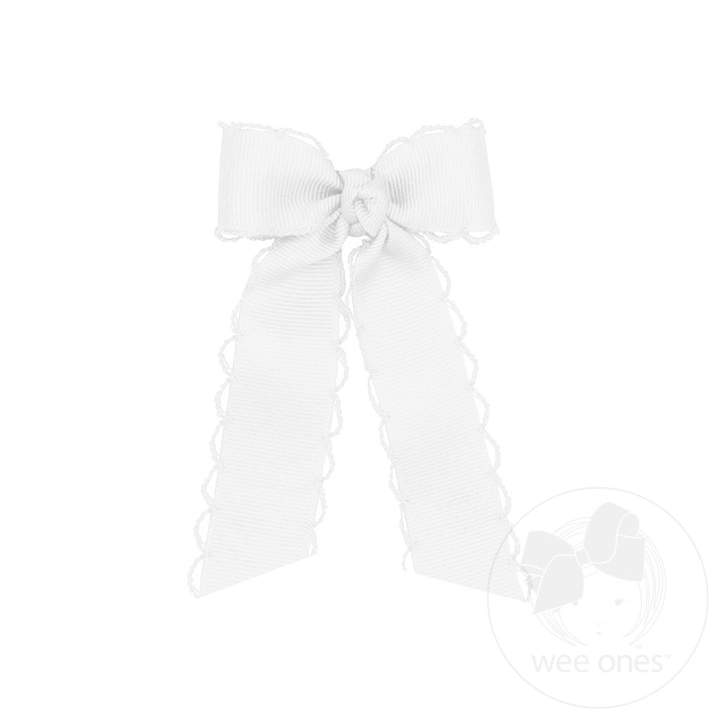 Tiny Grosgrain Bowtie with Matching Moonstitch Edge, Knot Wrap and Streamer Tails - White