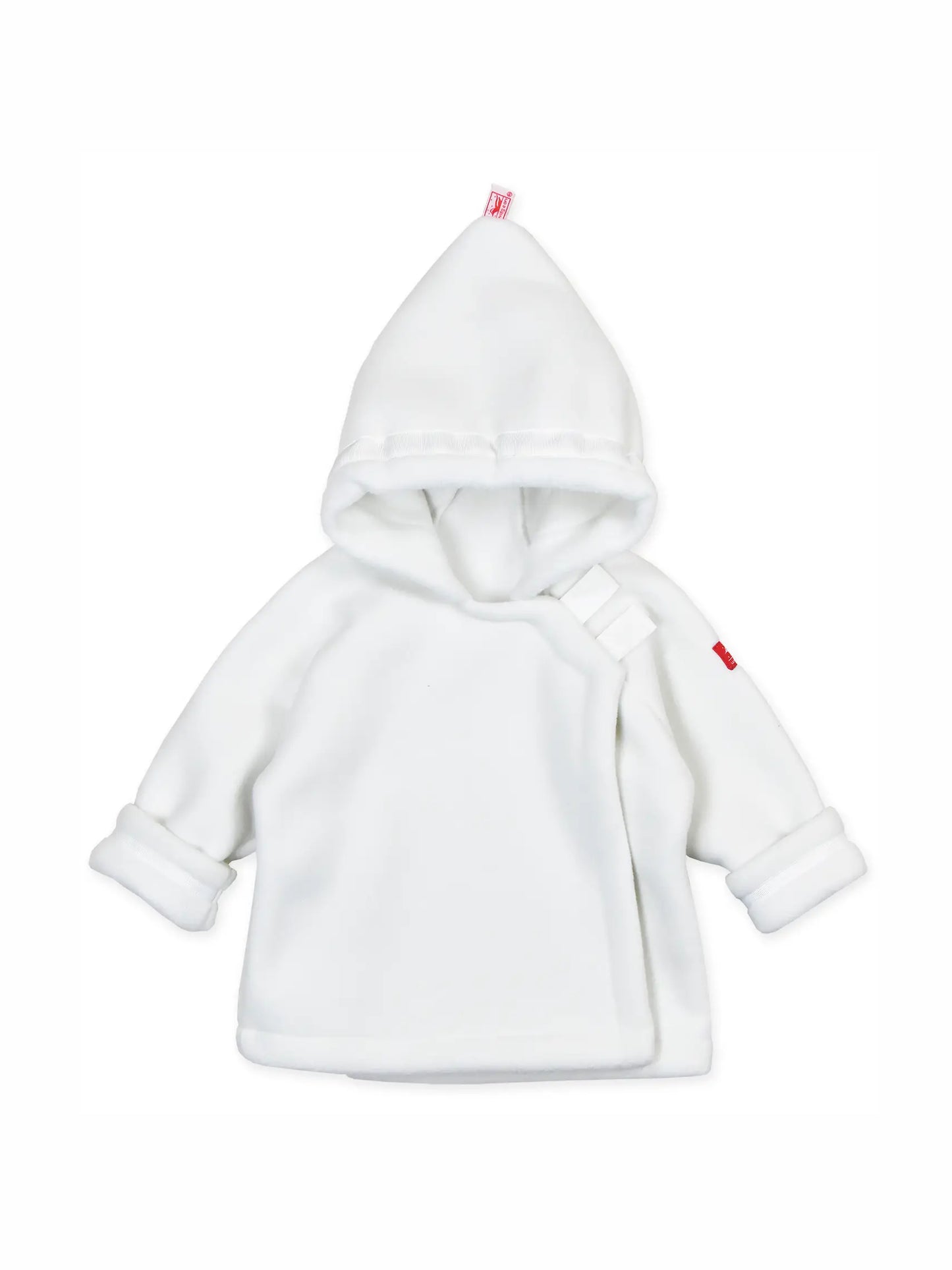 A white baby hooded wrap jacket with a small red tag on the hood and sleeve, displayed flat against a white background.