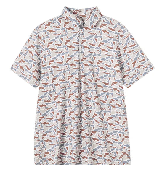 Brown and grey camo print polo.