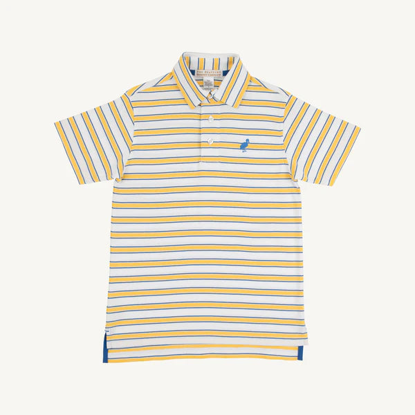 Yellow and blue and white striped polo shirt on a white background