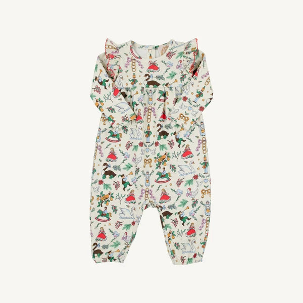 A baby long-sleeve romper with a white base and a colorful, whimsical all-over print featuring characters and motifs of the 12 days of christmas