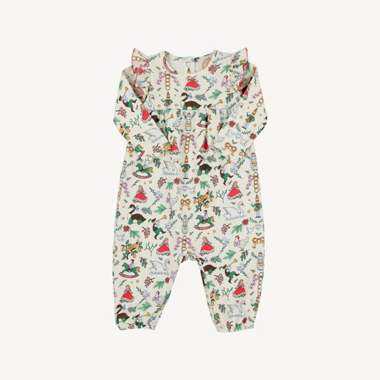 A baby long-sleeve romper with a white base and a colorful, whimsical all-over print featuring characters and motifs of the 12 days of christmas