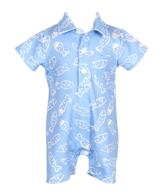 Baby boy Blue Romper with Fish print and collar with three buttons.