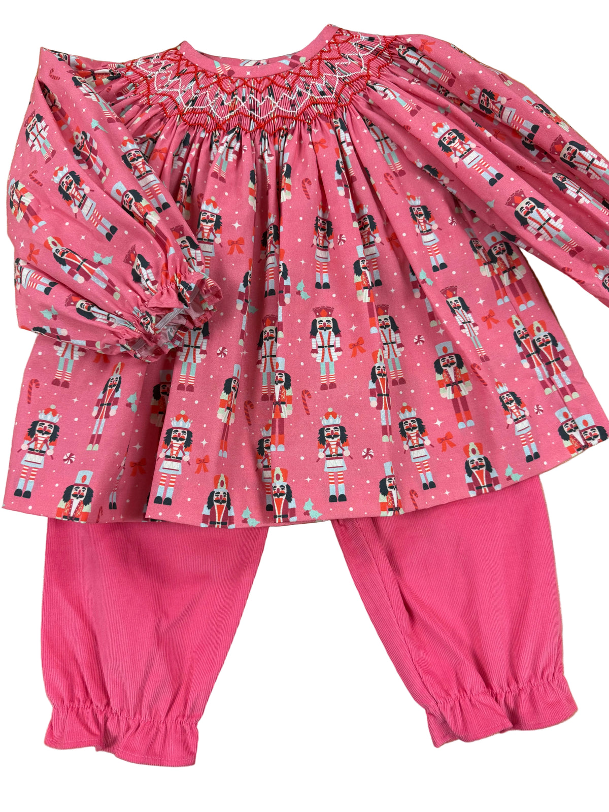 Pink nutcracker smocked bishop top and pant set 