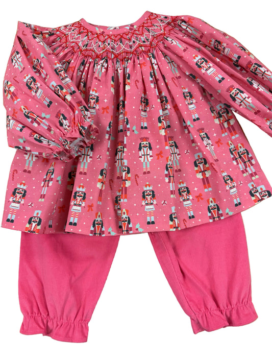 Pink nutcracker smocked bishop top and pant set 