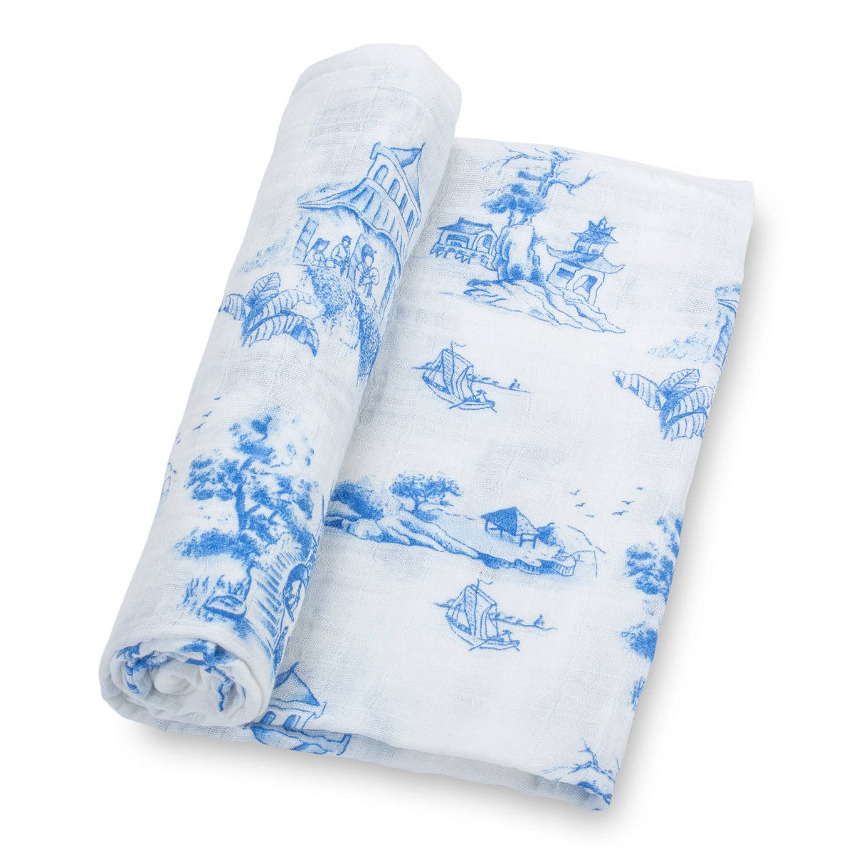 Blue white toile swaddle baby blanket
