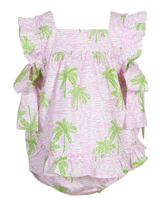 Pink baby romper with green palm tree pattern on a white background