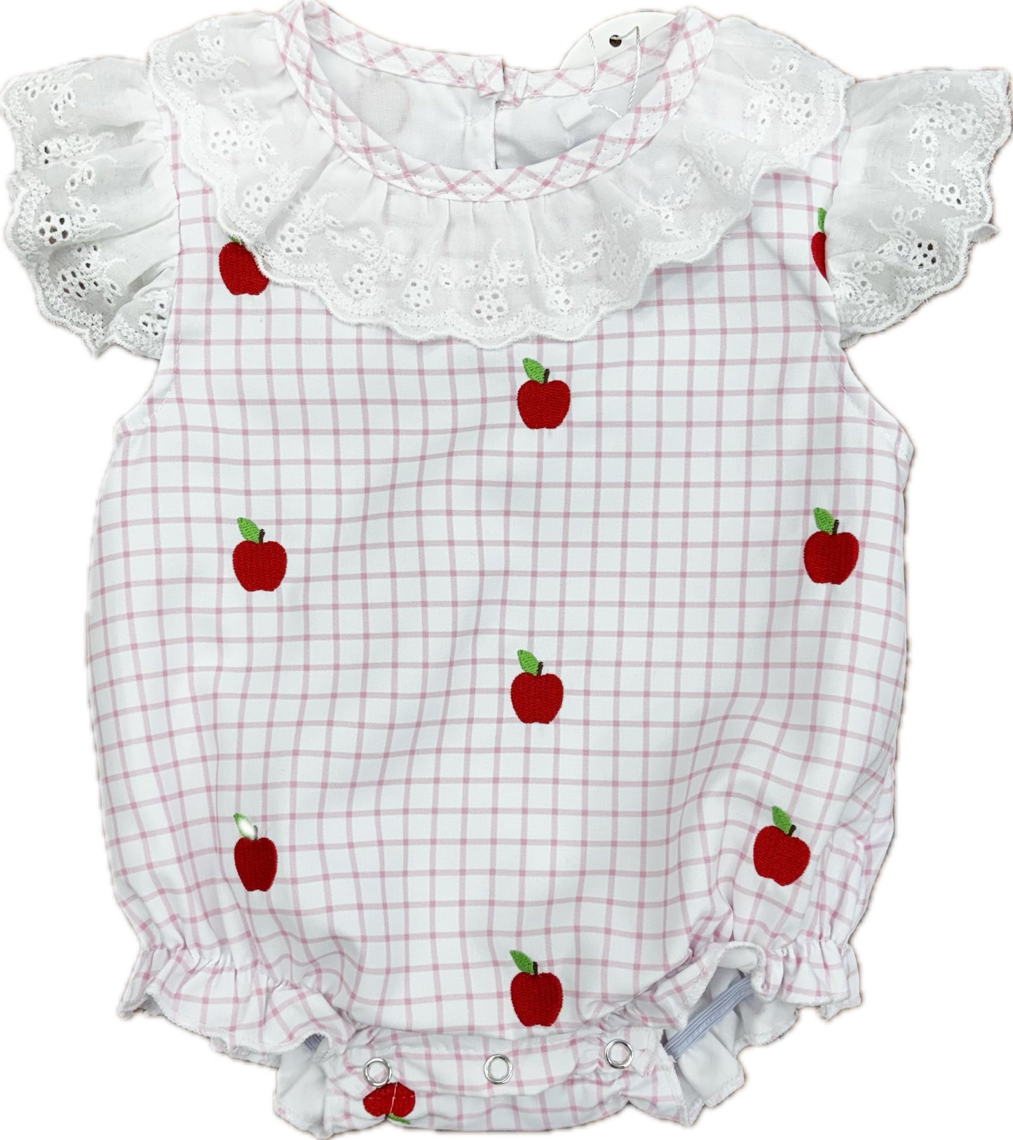 Pink and white checked bubble with lace trim around the collar and sleeves and an embroidered apple pattern.