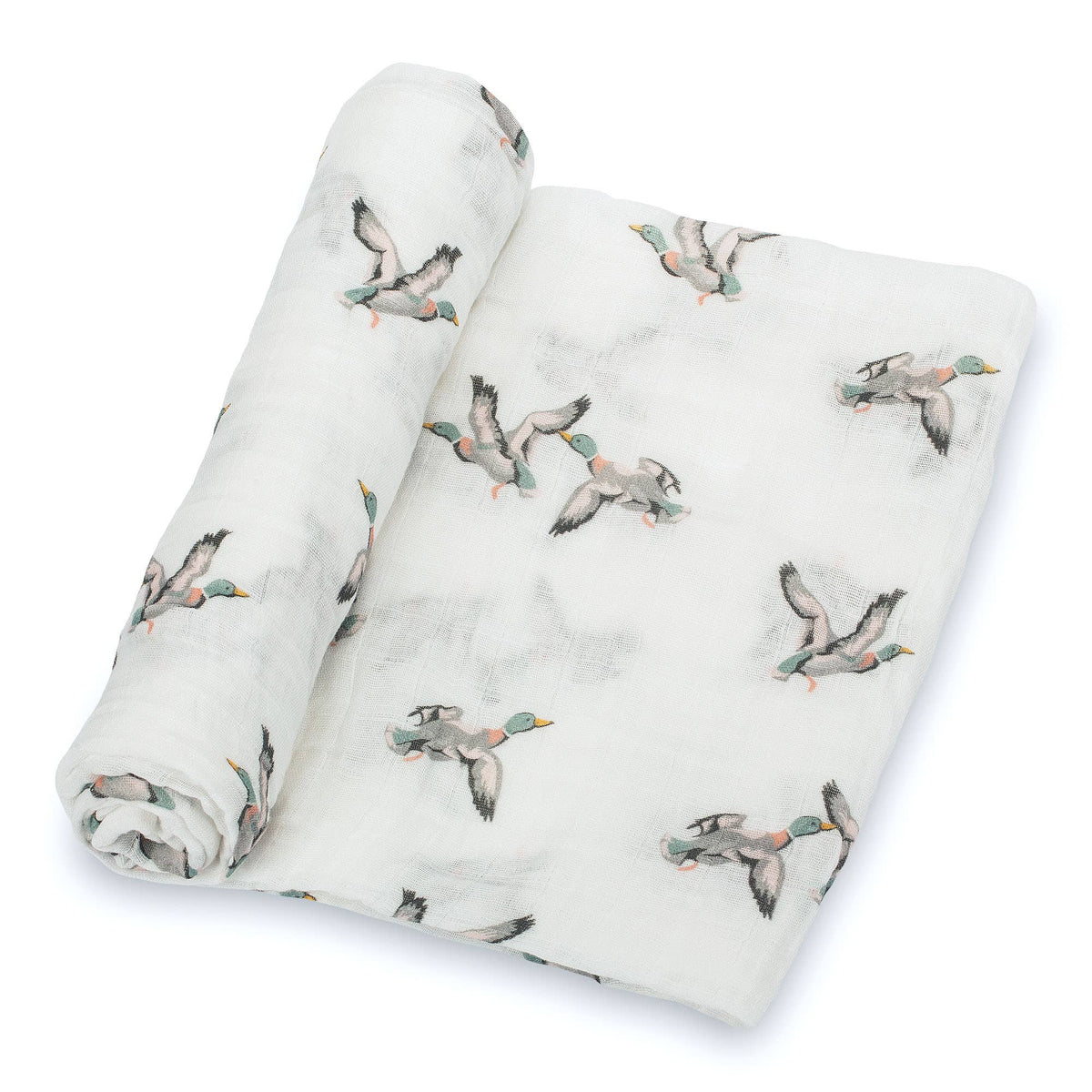 A white muslin baby blanket featuring a printed pattern of flying mallards, shown rolled and flat on a clean white background.