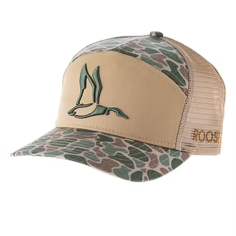 Camouflage and tan hat with 3D duck outline.