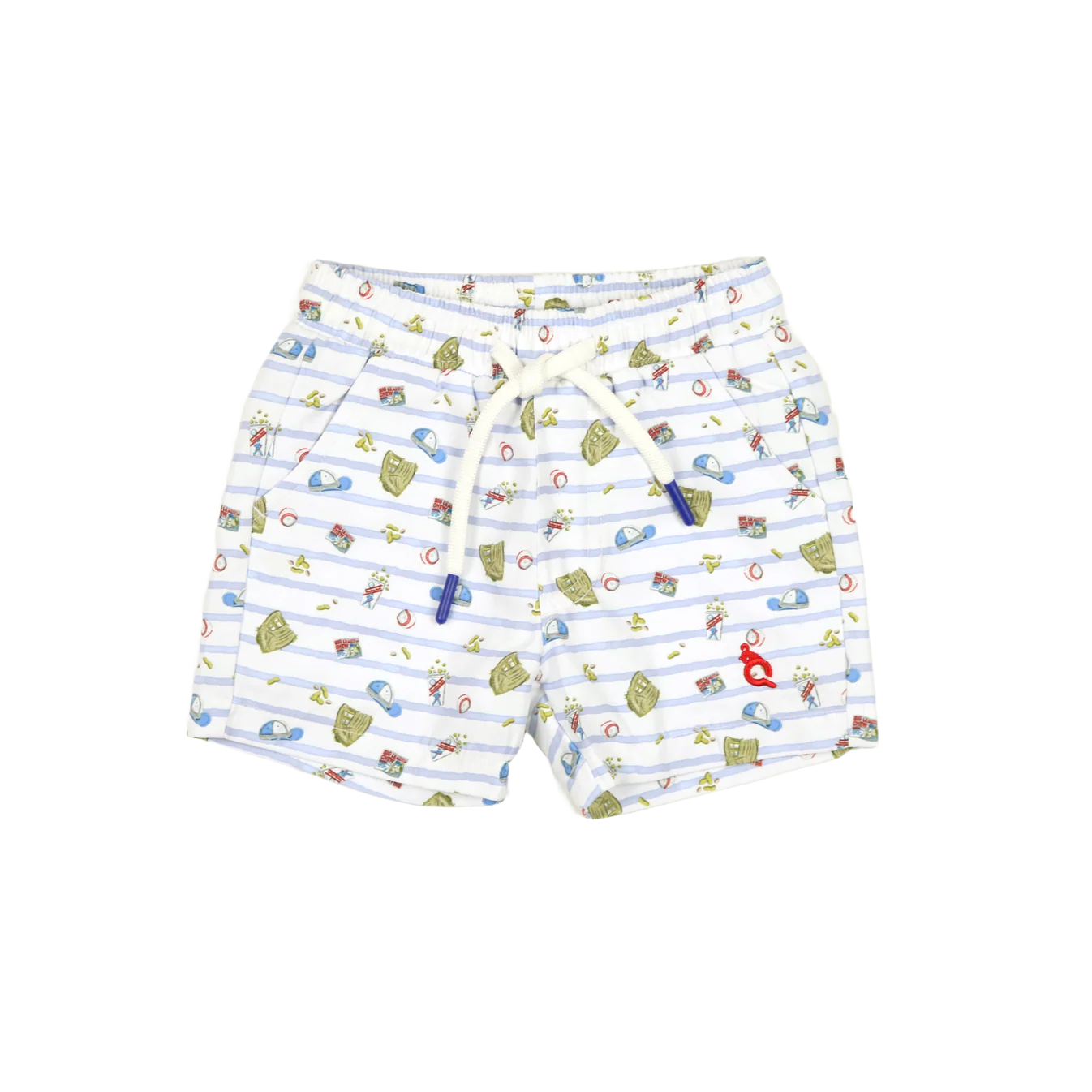 White and blue striped swim shorts with baseball pattern 