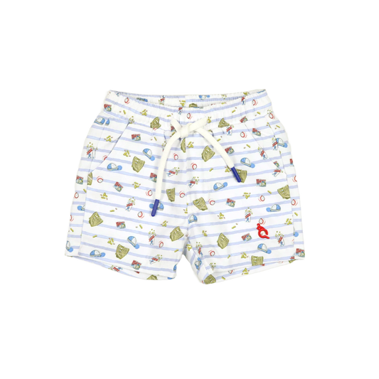 White and blue striped swim shorts with baseball pattern 