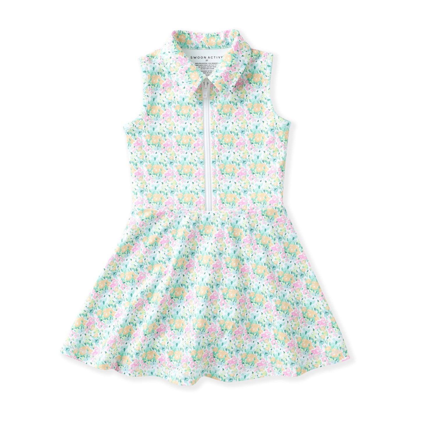 A sleeveless children's dress with a front zipper, pointed collar, and a light pastel floral print on a white background. The print features pink, yellow, and blue flowers with green leaves.