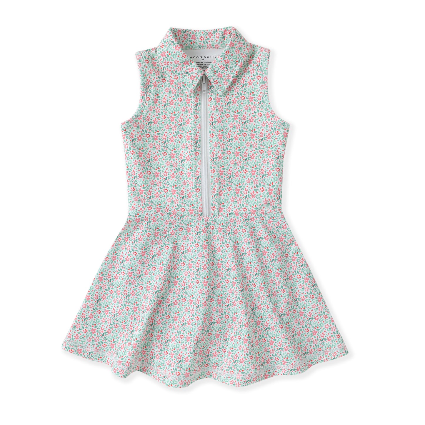 A sleeveless children's tennis dress with a small-scale floral print in red, green, and white, featuring a collar, a front zipper, and a flared skirt.