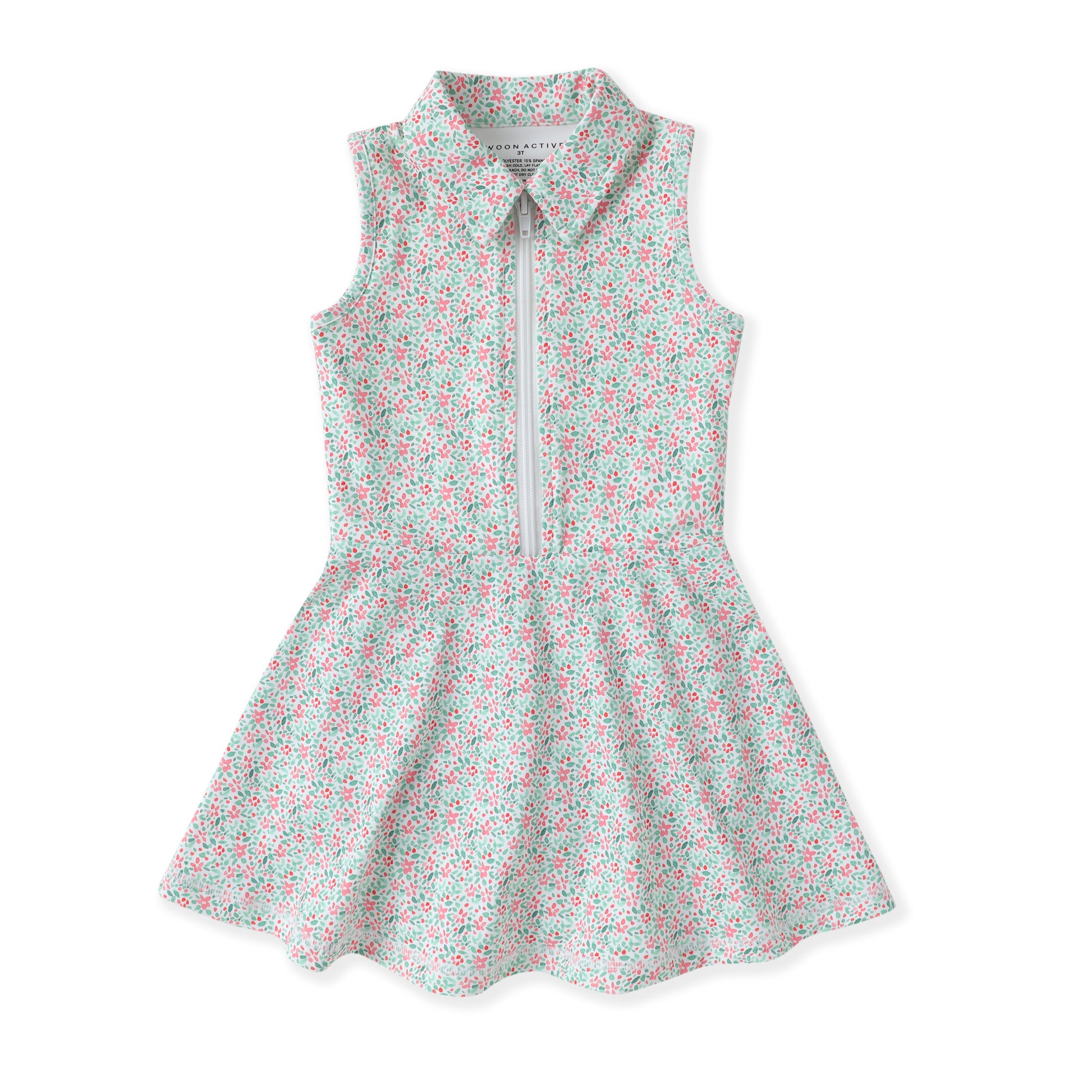 A sleeveless children's tennis dress with a small-scale floral print in red, green, and white, featuring a collar, a front zipper, and a flared skirt.