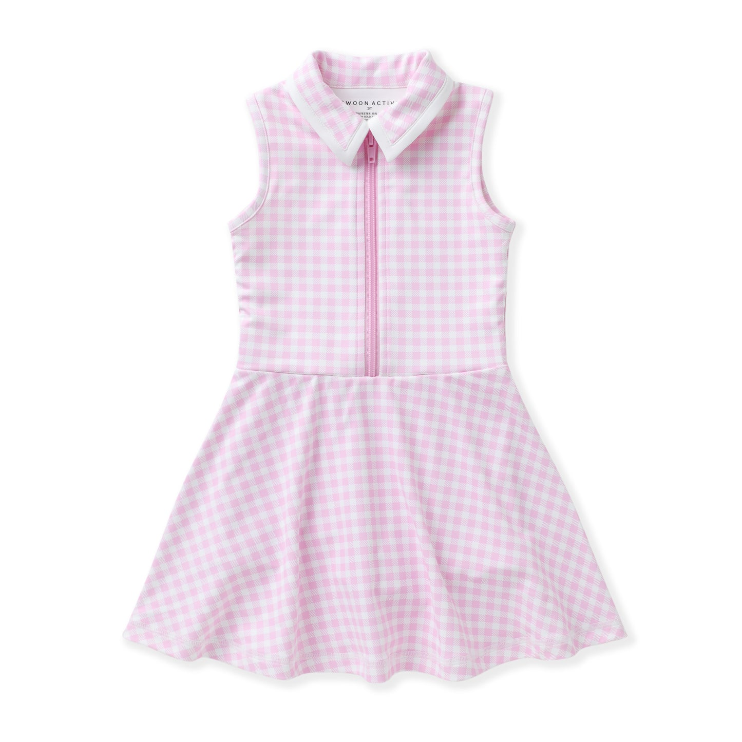 A sleeveless pink and white gingham dress with a half-zip front, pointed collar, and flared skirt, shown on a plain white background.