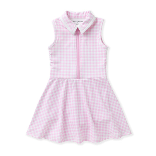 A sleeveless pink and white gingham dress with a half-zip front, pointed collar, and flared skirt, shown on a plain white background.