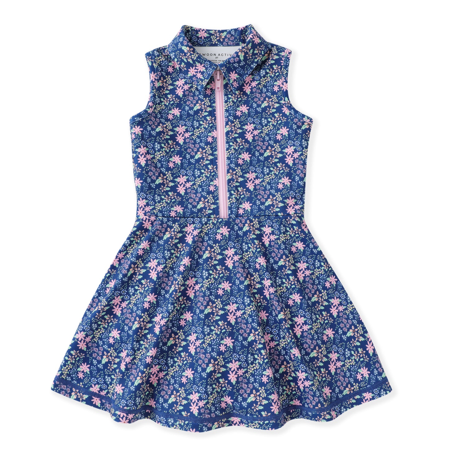 A sleeveless children's dress with a blue floral print, featuring a pink zipper at the collar and a flared skirt, shown flat on a white background.