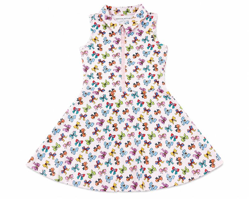 A sleeveless white dress with a colorful butterfly print, featuring a pointed collar and a flared skirt, shown against a plain white background.