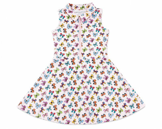 A sleeveless white dress with a colorful butterfly print, featuring a pointed collar and a flared skirt, shown against a plain white background.