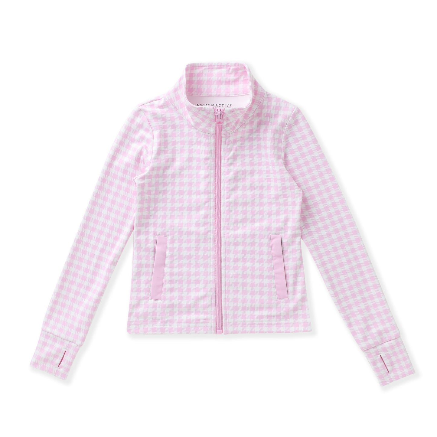 A pink and white gingham zip-up jacket with a stand collar, long sleeves, and two vertical zippered pockets, shown flat on a white background.