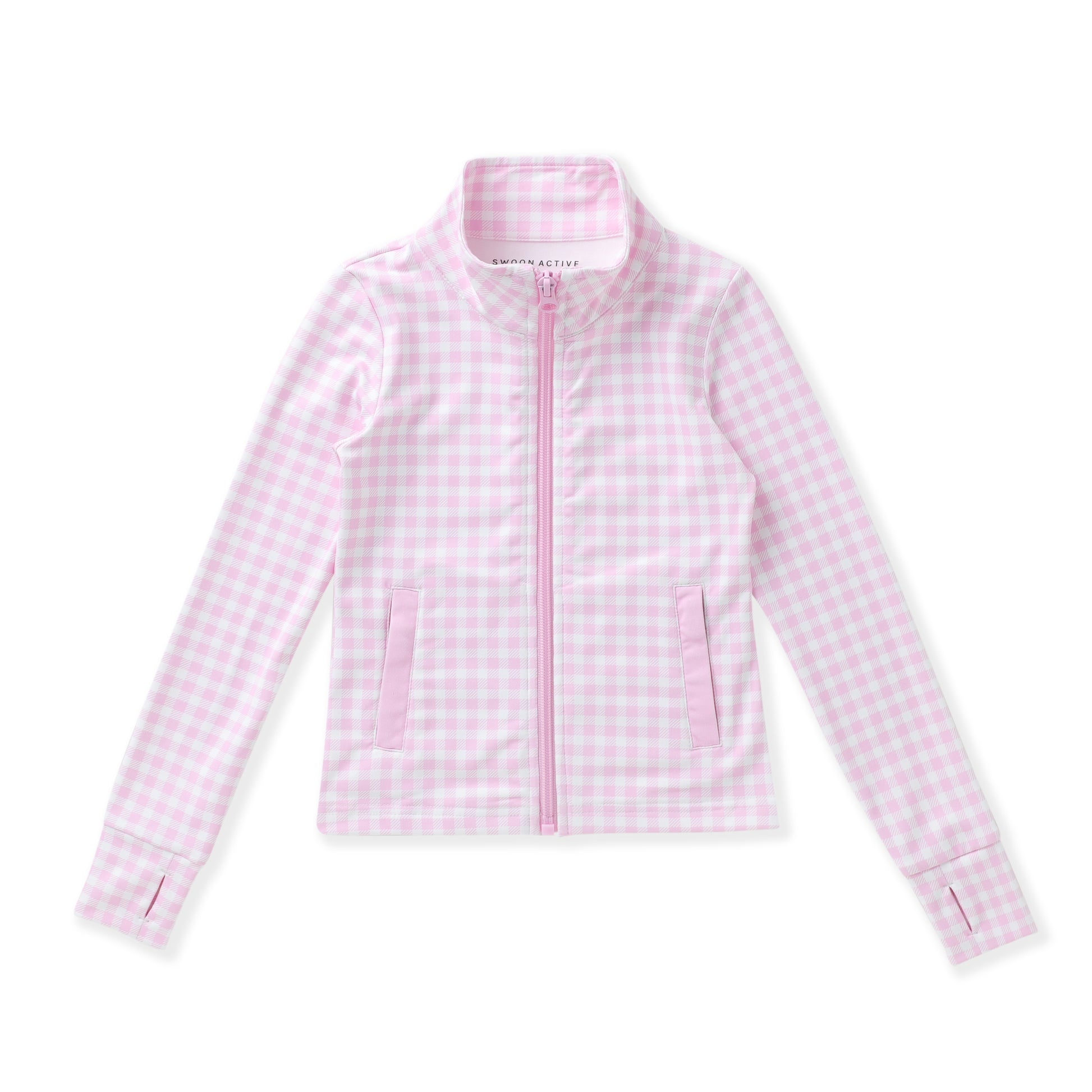 A pink and white gingham zip-up jacket with a stand collar, long sleeves, and two vertical zippered pockets, shown flat on a white background.