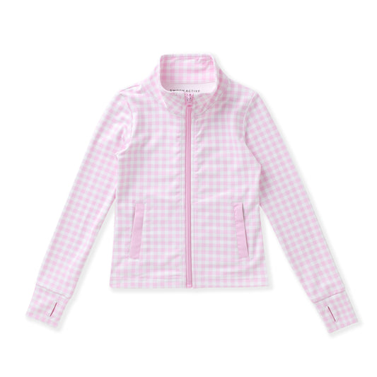 A pink and white gingham zip-up jacket with a stand collar, long sleeves, and two vertical zippered pockets, shown flat on a white background.