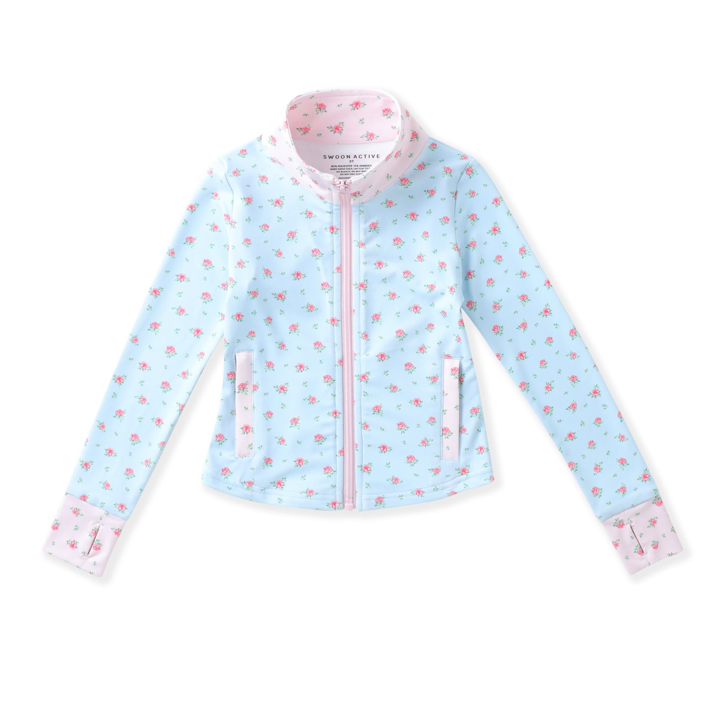 A light blue zip-up jacket with a pink and white tropical print, featuring a pink zipper, pink collar lining, and matching pink cuffs, shown flat on a white background.