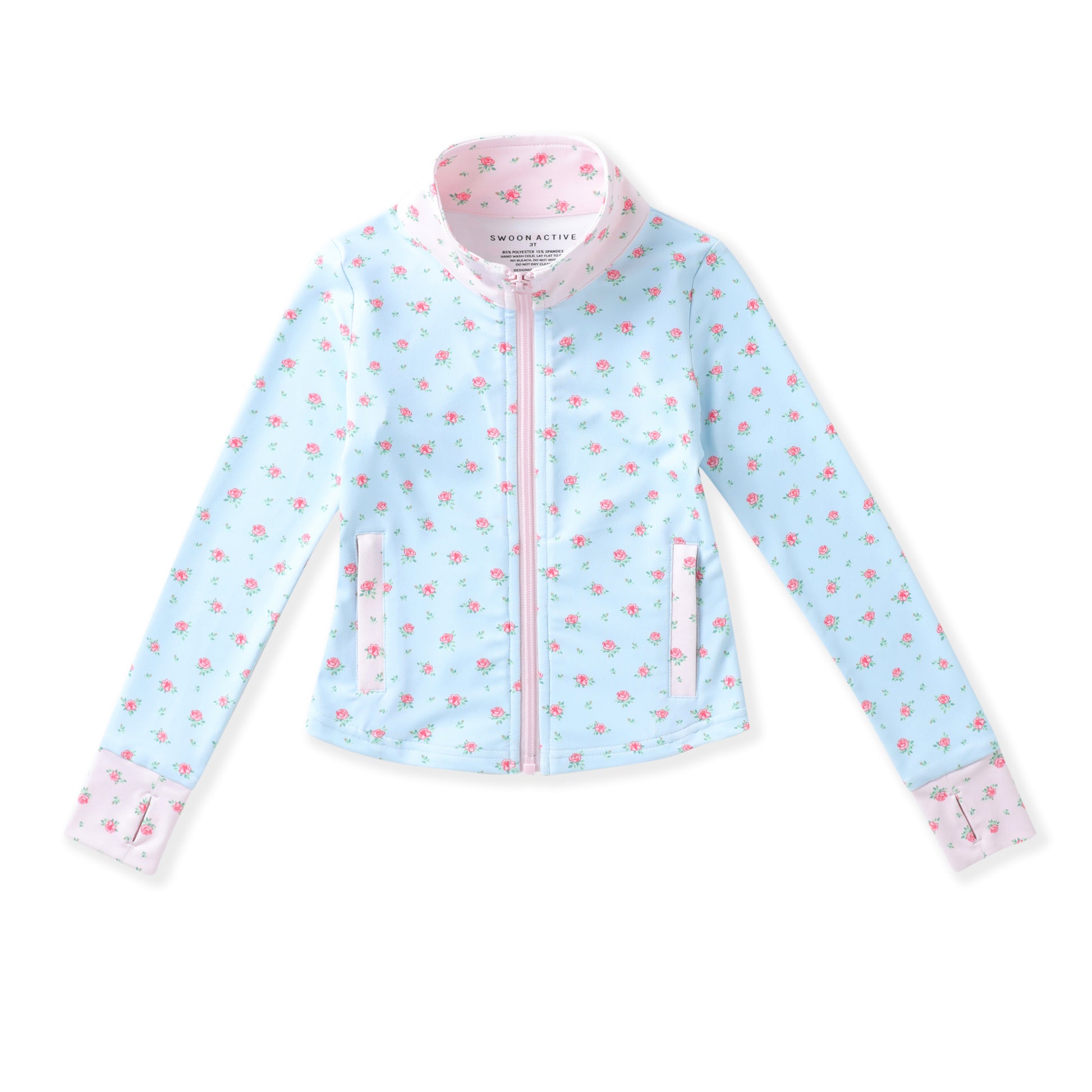 A light blue zip-up jacket with a pink and white tropical print, featuring a pink zipper, pink collar lining, and matching pink cuffs, shown flat on a white background.