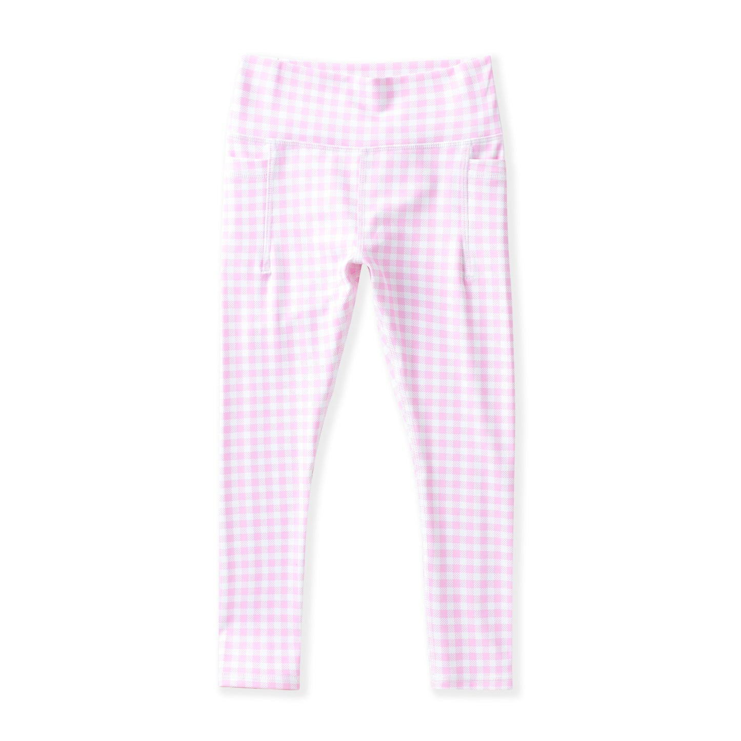 Pink and white gingham checkered leggings shown flat against a white background.