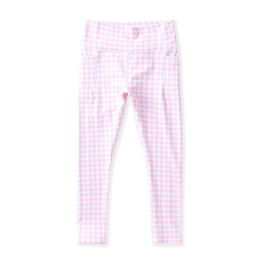 Pink and white gingham checkered leggings shown flat against a white background.