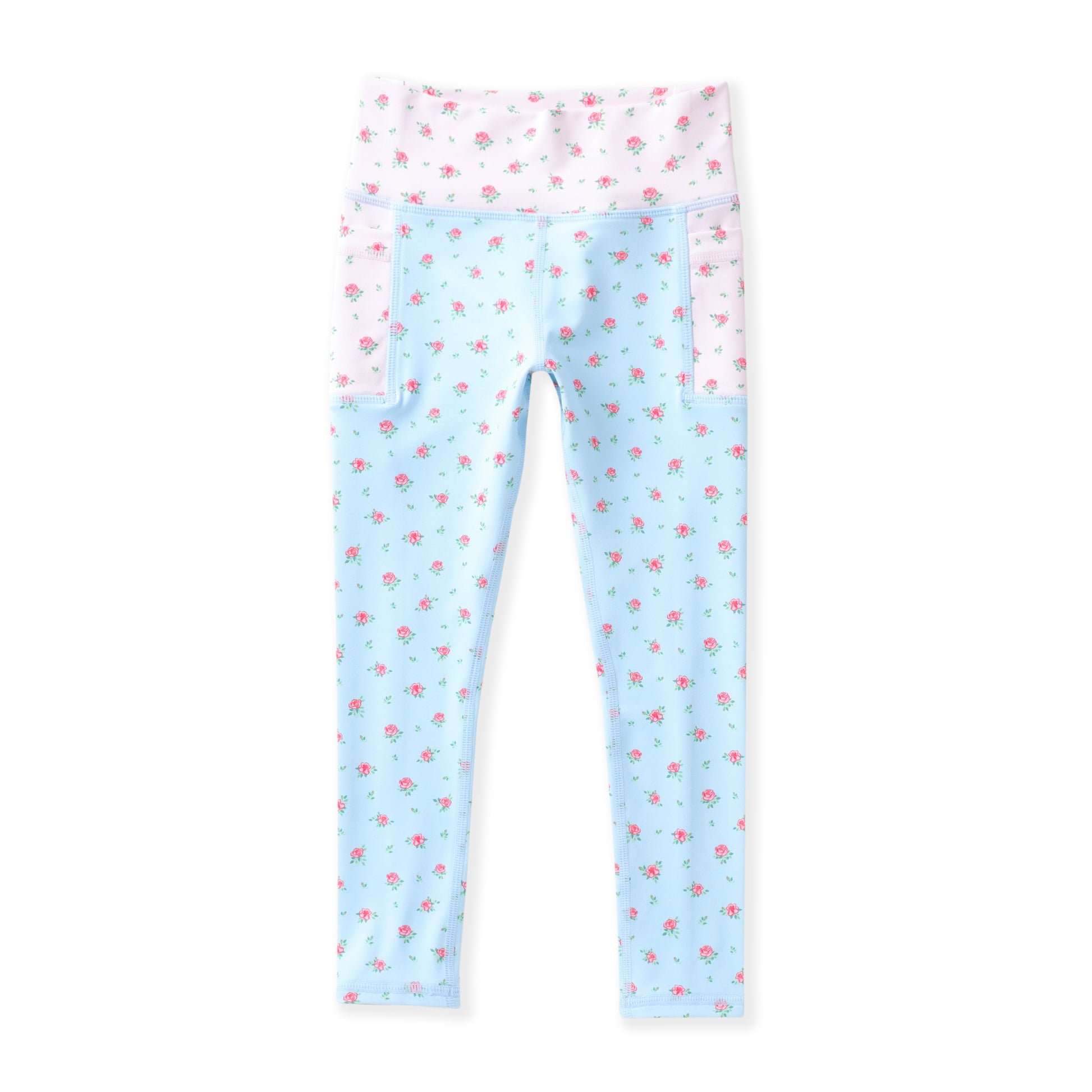 Light blue leggings with a small pink floral print and a contrasting light pink waistband, shown flat against a white background.