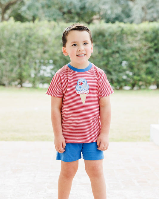 Boys short set with red striped shirt with ice cream cone and blue shorts 
