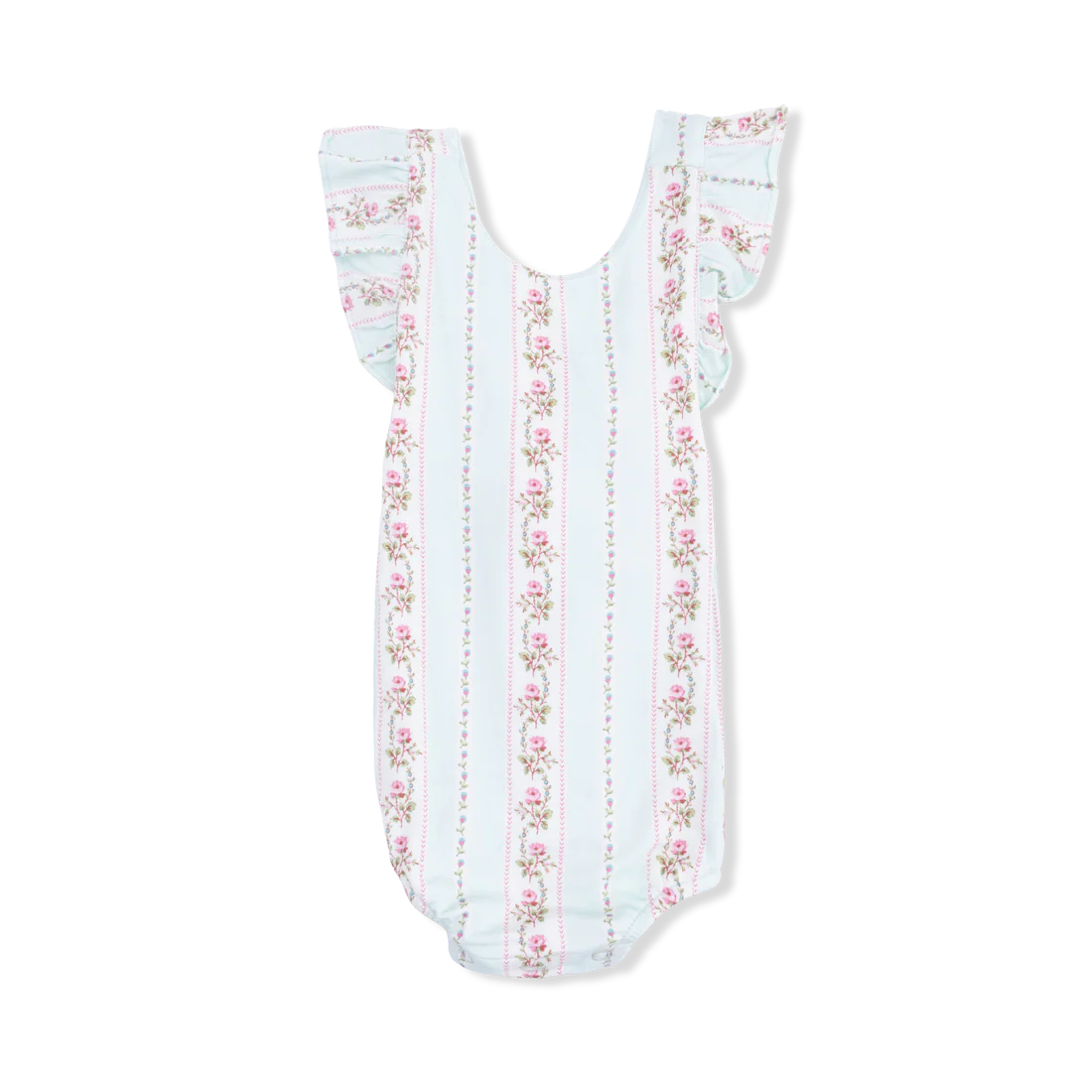 Sunsuit with pink flower detail on cream stripes, on a pale green background.