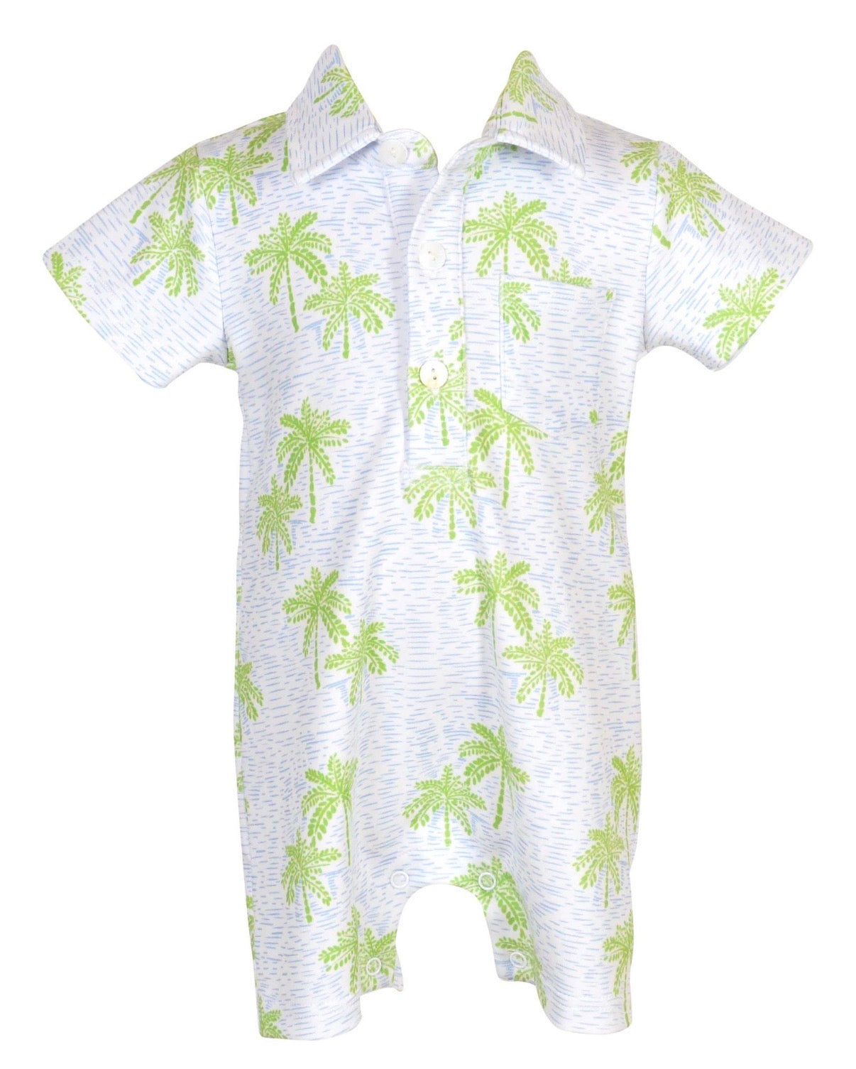 Baby romper with palm tree pattern on a white background