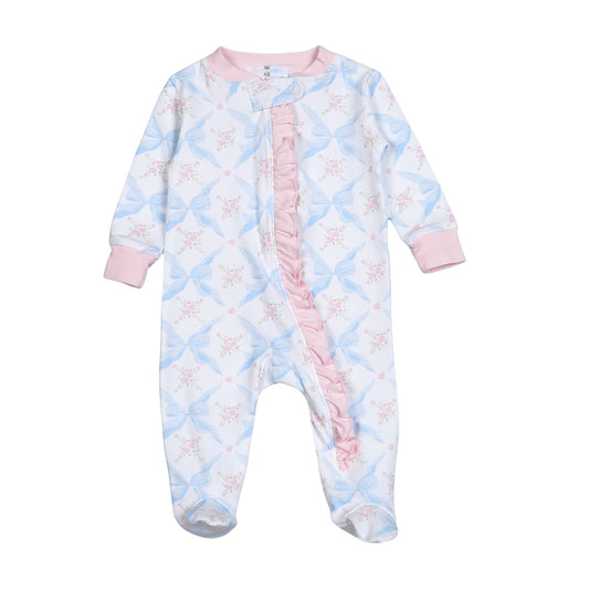 Blue Bows Pima Zipper Footie