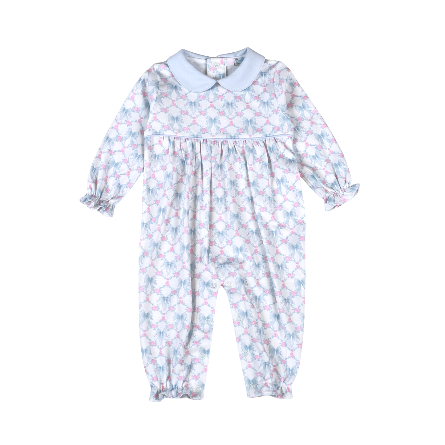 A baby long-sleeve footless romper with a light blue Peter Pan collar, featuring a delicate pink and blue floral trellis pattern 