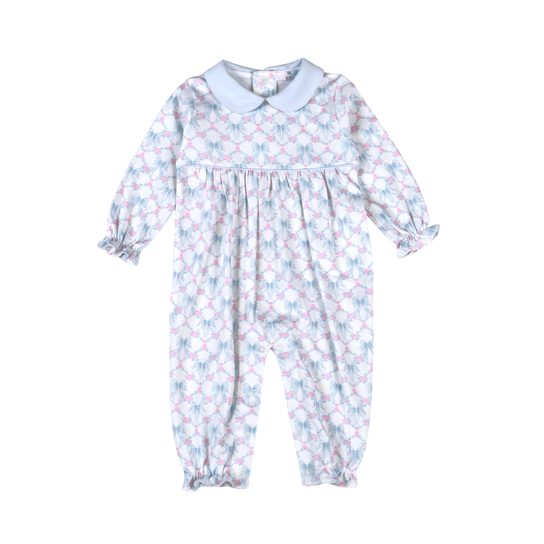 A baby long-sleeve footless romper with a light blue Peter Pan collar, featuring a delicate pink and blue floral trellis pattern 