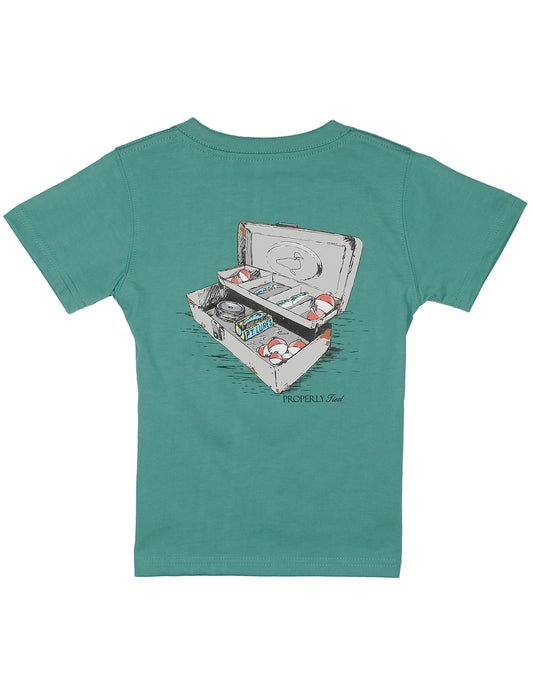 Green shirt with tackle box design