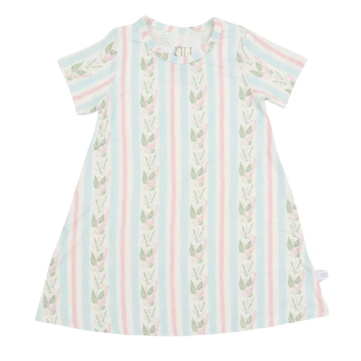 Short sleeve bamboo dress with pink and blue stripes and a floral pattern.