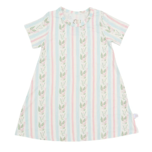 Short sleeve bamboo dress with pink and blue stripes and a floral pattern.