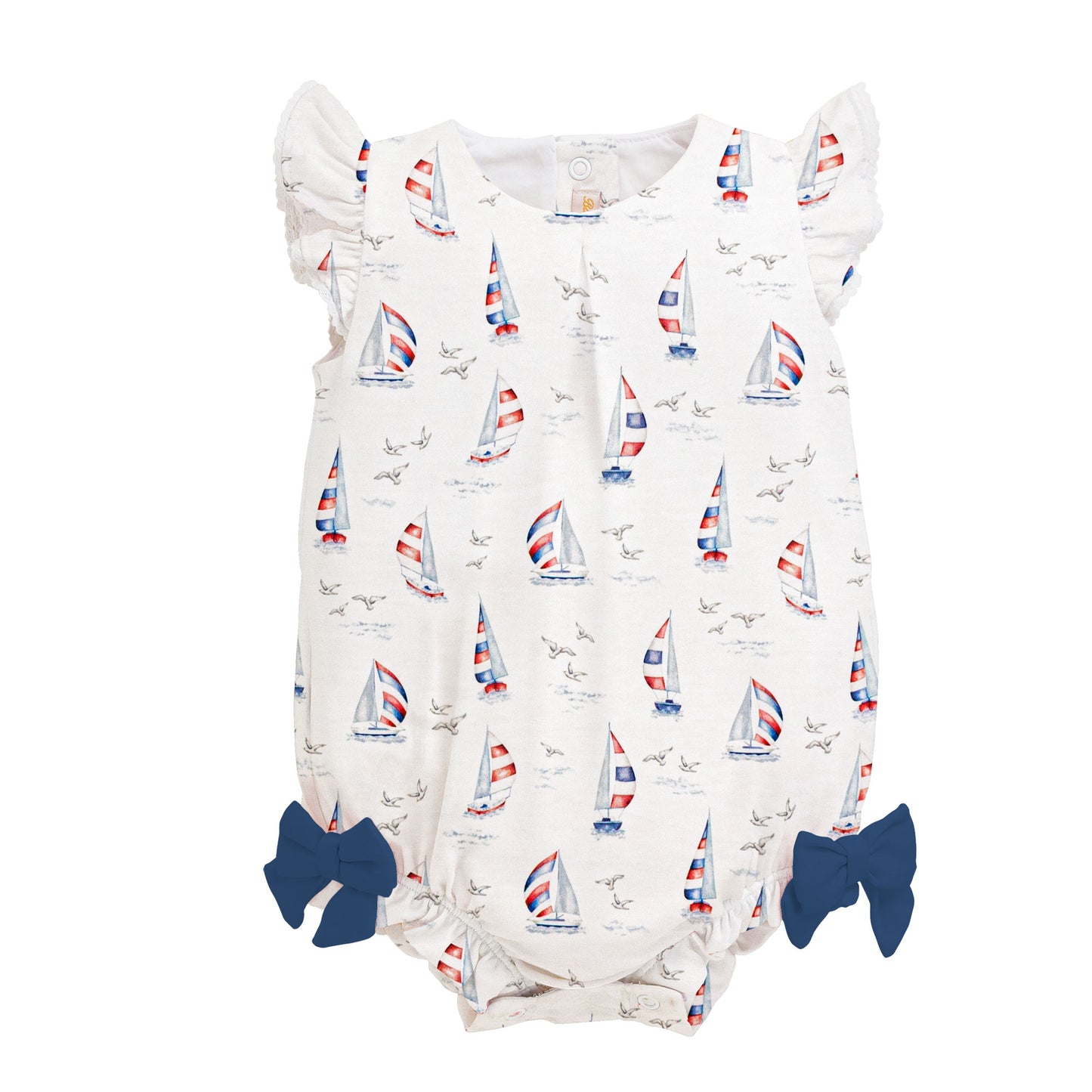 Baby romper with sailboat pattern on a white background
