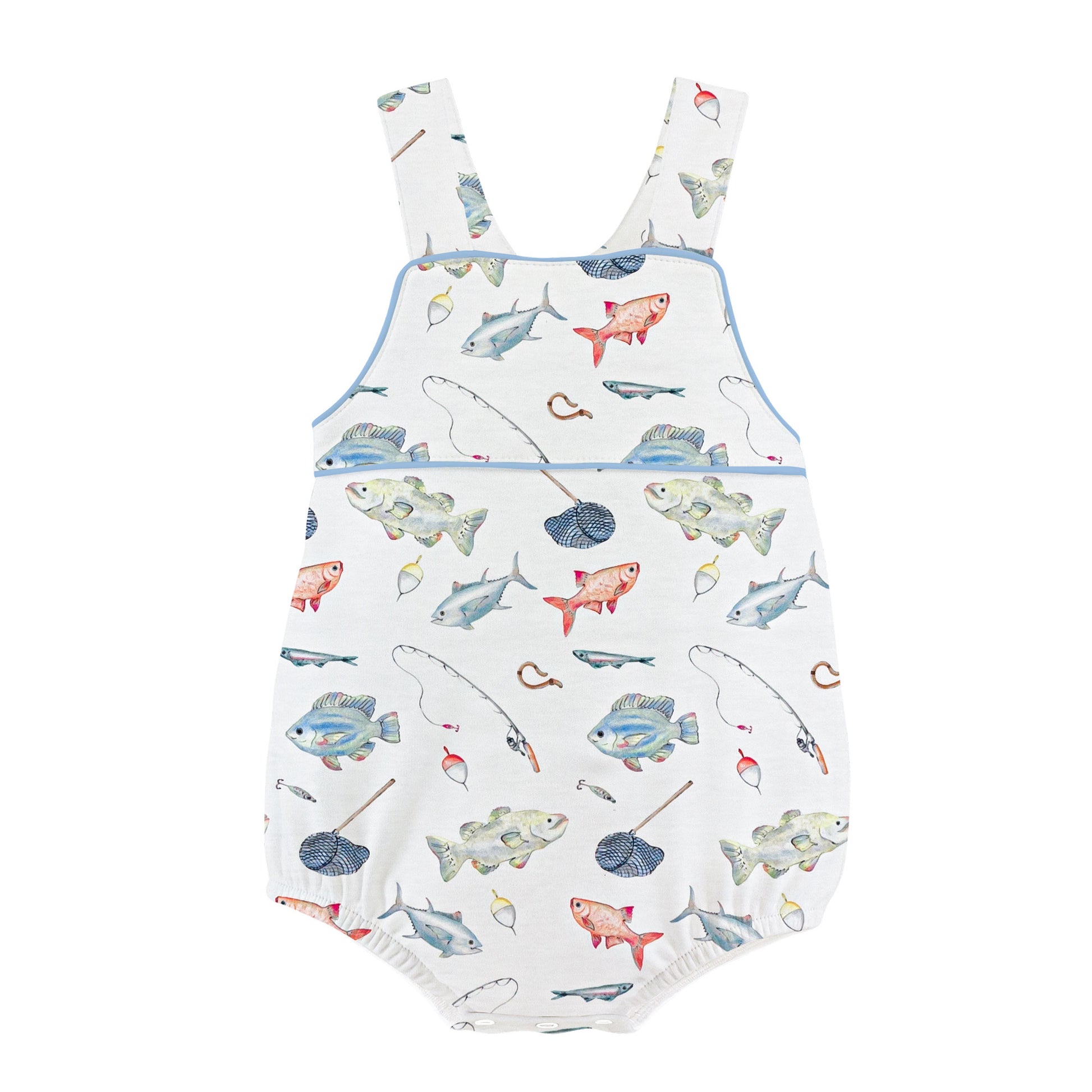 Baby bubble with fish and fishing rod pattern on a white background
