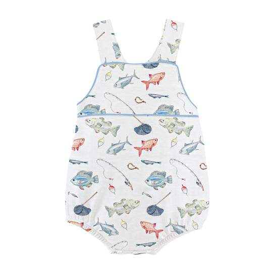 Baby bubble with fish and fishing rod pattern on a white background