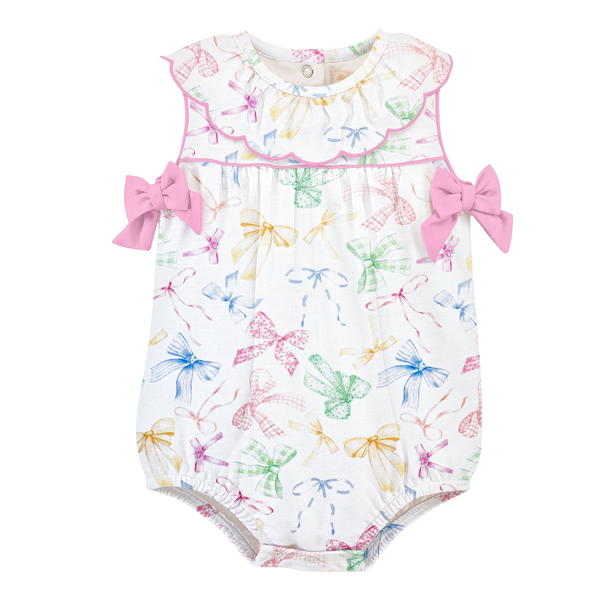 Baby romper with colorful bow pattern, a ruffled collar, pink piping and pink bows.