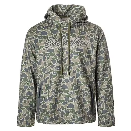 Camouflage hoodie with the Fieldstone logo.