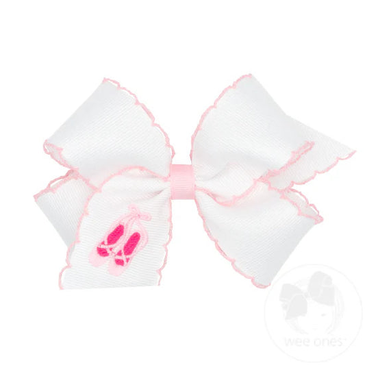 Ballet Slippers Embroidered Grosgrain Hair Bow with Moonstitch Edge
