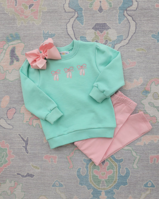 Mint green sweatshirt with pink bows and ballet shoes and matching pants 