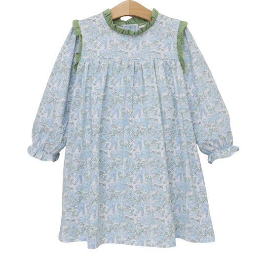 Blue and green floral dress with ruffles on collar and shoulders
